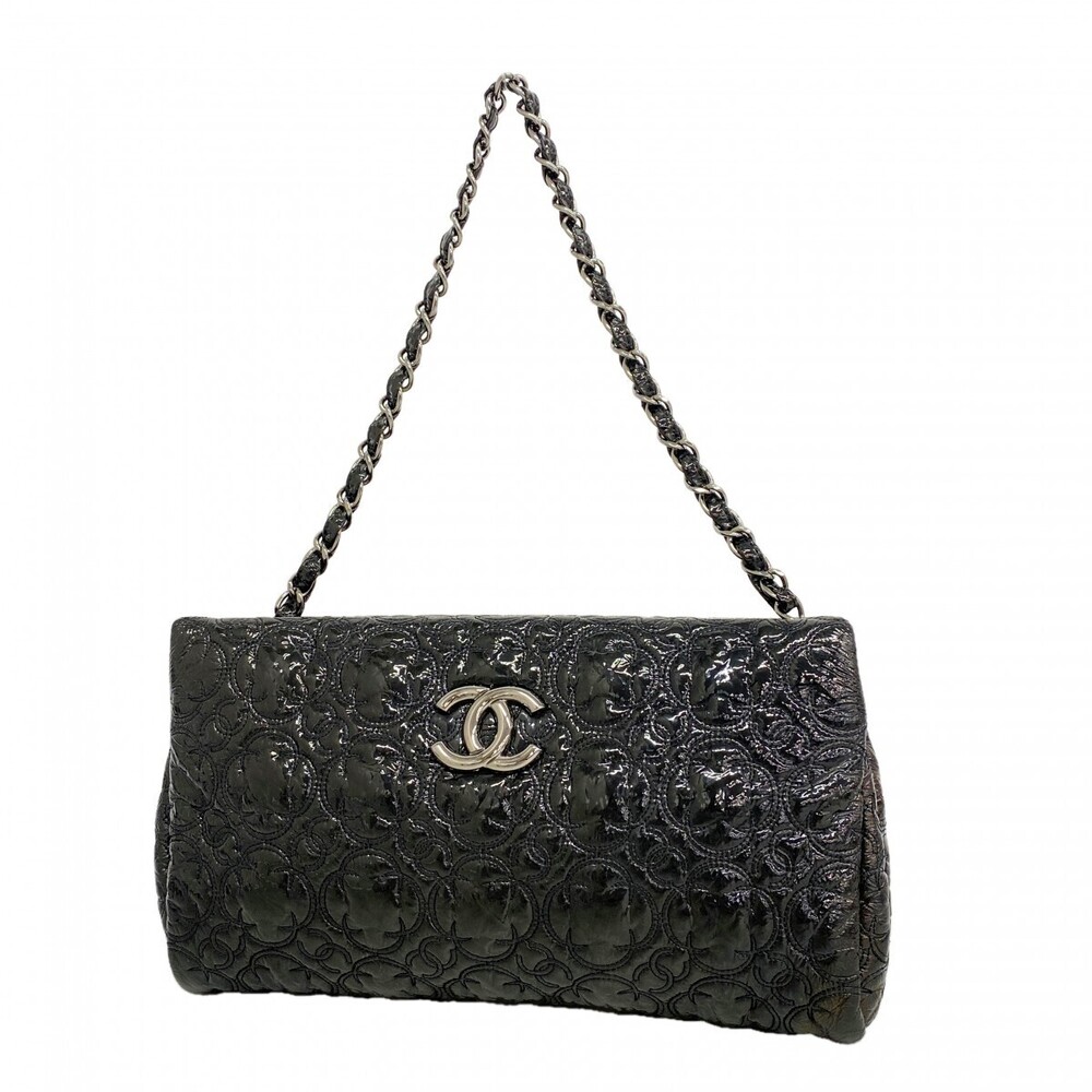 Chanel Shoulder Bag Flower Stitch Patent Vernis Leather Black Silver Hardware